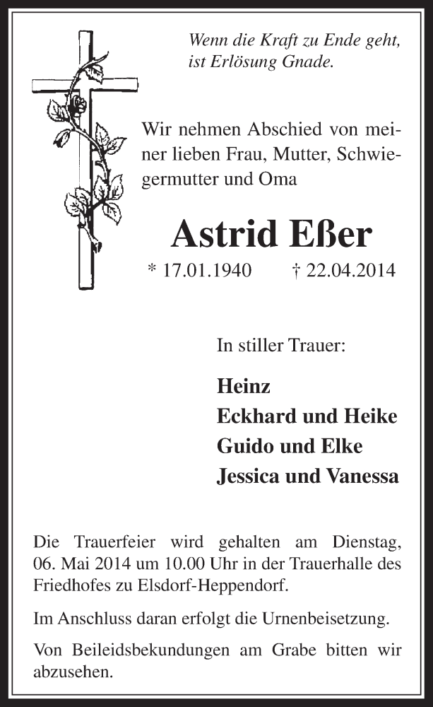  Traueranzeige für Astrid Eßer vom 30.04.2014 aus  Werbepost 