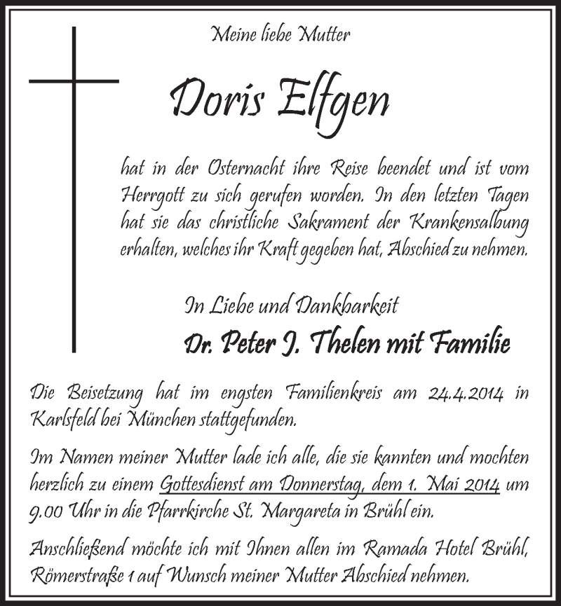  Traueranzeige für Doris Elfgen vom 30.04.2014 aus  Schlossbote/Werbekurier 