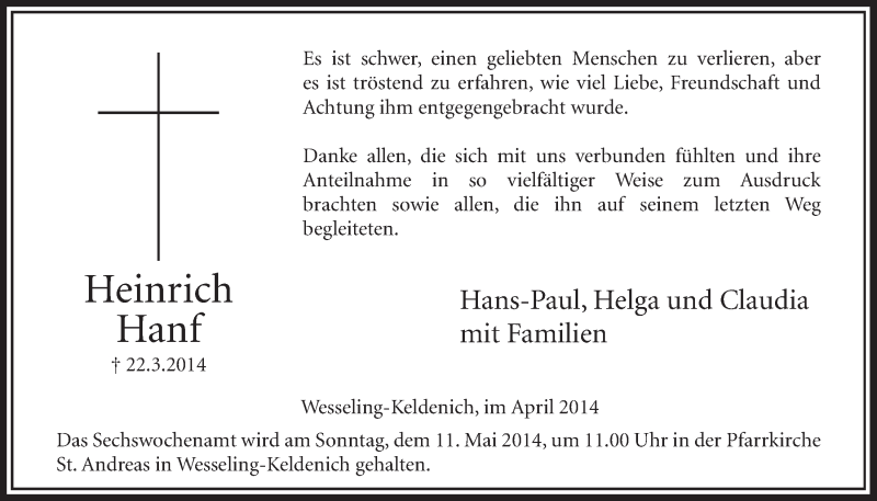  Traueranzeige für Heinrich Hanf vom 30.04.2014 aus  Schlossbote/Werbekurier 