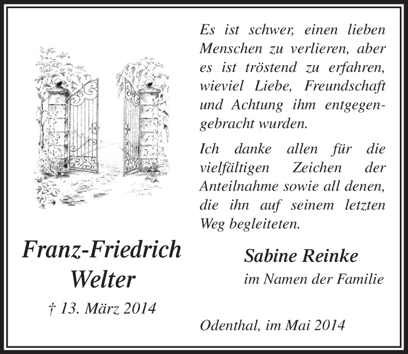  Traueranzeige für Franz-Friedrich Welter vom 30.04.2014 aus  Bergisches Handelsblatt 