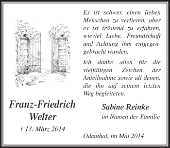 Anzeige von Franz-Friedrich Welter von  Bergisches Handelsblatt 