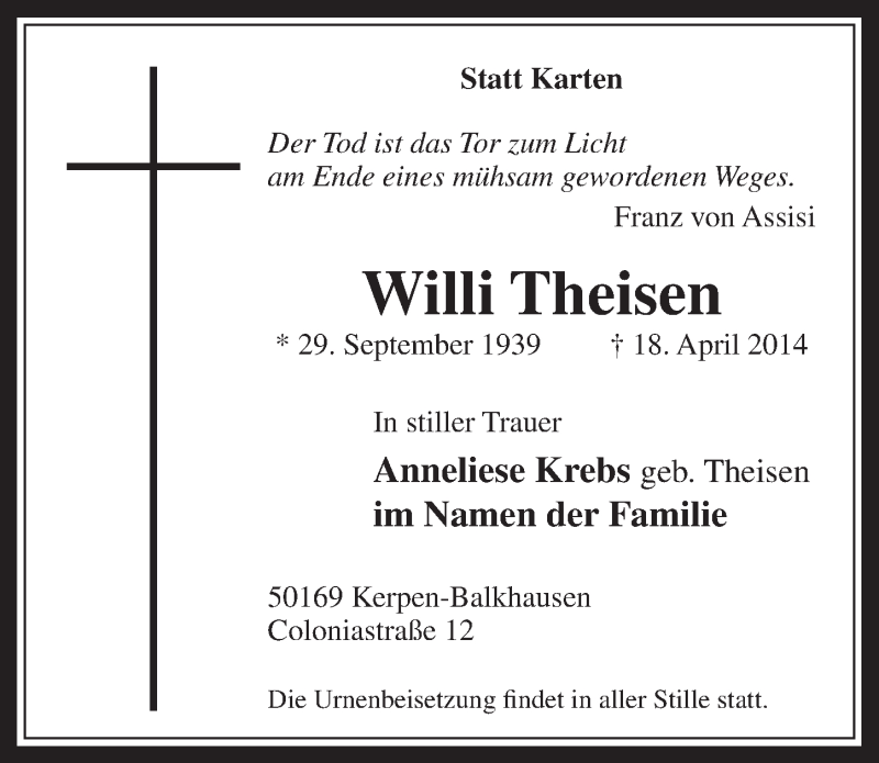  Traueranzeige für Willi Theisen vom 30.04.2014 aus  Werbepost 