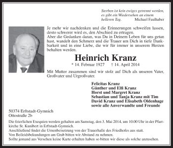 Anzeige von Heinrich Kranz von  Werbepost 