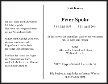 Anzeige von Peter Spohr von  Werbepost 