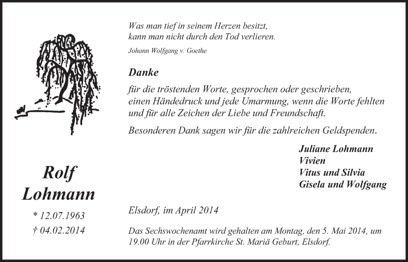  Traueranzeige für Rolf Lohmann vom 30.04.2014 aus  Werbepost 