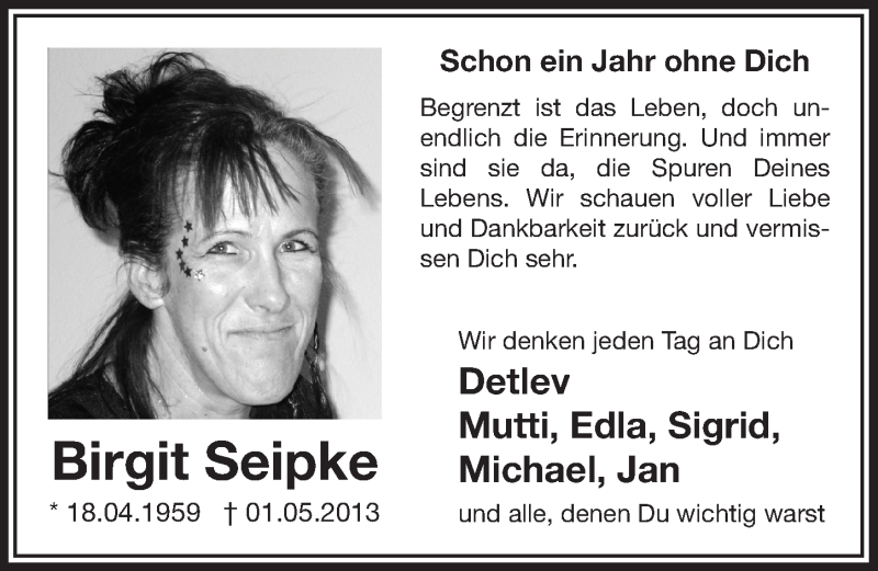  Traueranzeige für Birgit Seipke vom 30.04.2014 aus  Bergisches Handelsblatt 