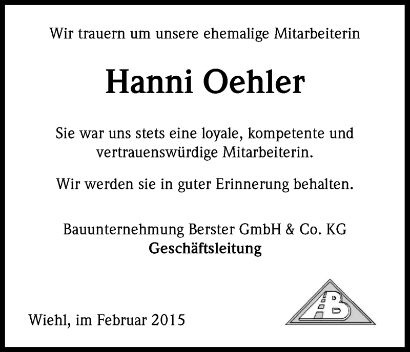  Traueranzeige für Hanni Oehler vom 21.02.2015 aus Kölner Stadt-Anzeiger / Kölnische Rundschau / Express