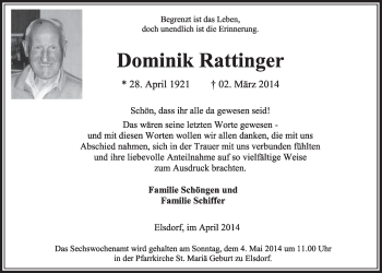Anzeige von Dominik Rattinger von  Sonntags-Post 