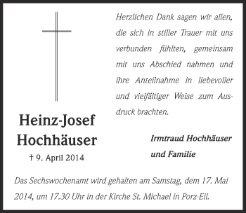 Anzeige von Heinz Josef Hochhäuser von  Kölner Wochenspiegel 