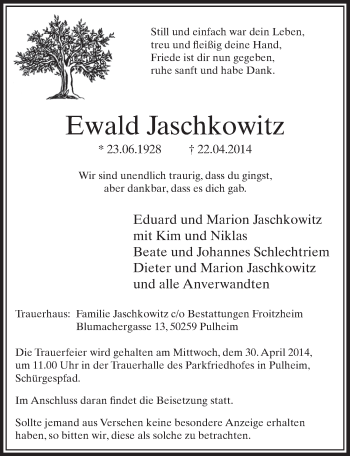 Anzeige von Ewald Jaschkowitz von  Sonntags-Post 