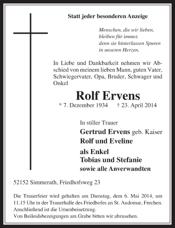 Anzeige von Rolf Ervens von  Wochenende 