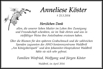 Anzeige von Anneliese Köster von  Lokalanzeiger 