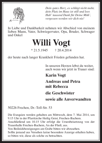 Anzeige von Willi Vogt von  Wochenende 