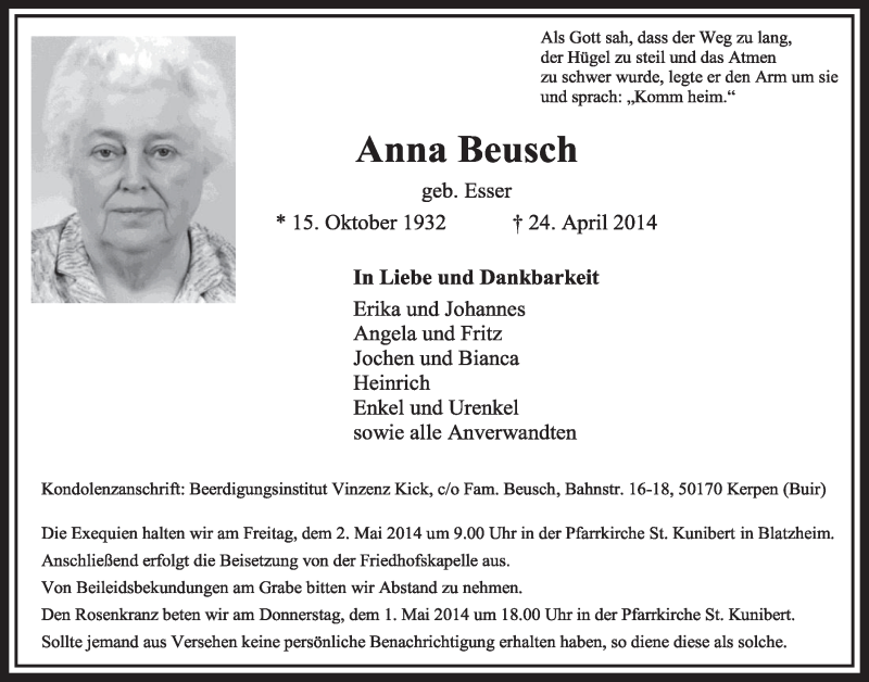  Traueranzeige für Anna Beusch vom 26.04.2014 aus  Sonntags-Post 
