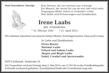 Anzeige von Irene Laabs von  Werbepost 