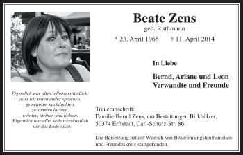 Anzeige von Beate Zens von  Werbepost 