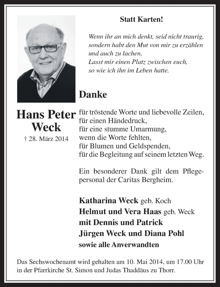  Traueranzeige für Hans Peter Weck vom 30.04.2014 aus  Werbepost 