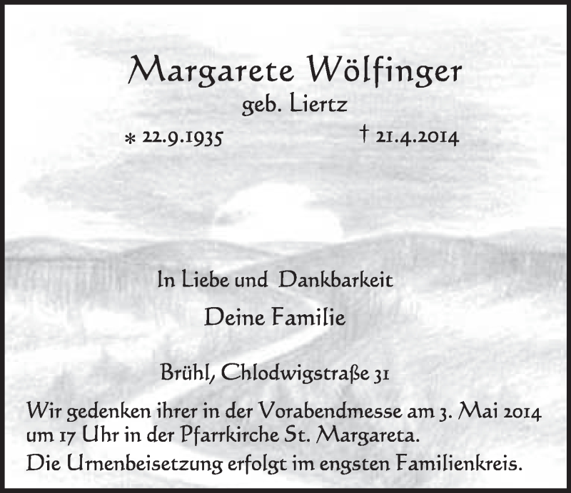  Traueranzeige für Margarete Wölfinser vom 30.04.2014 aus  Schlossbote/Werbekurier 