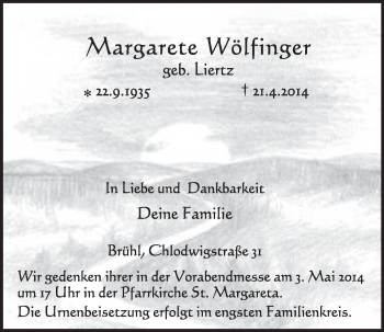 Anzeige von Margarete Wölfinser von  Schlossbote/Werbekurier 