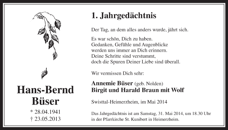  Traueranzeige für Hans-Bernd Büser vom 28.05.2014 aus  Schaufenster/Blickpunkt 