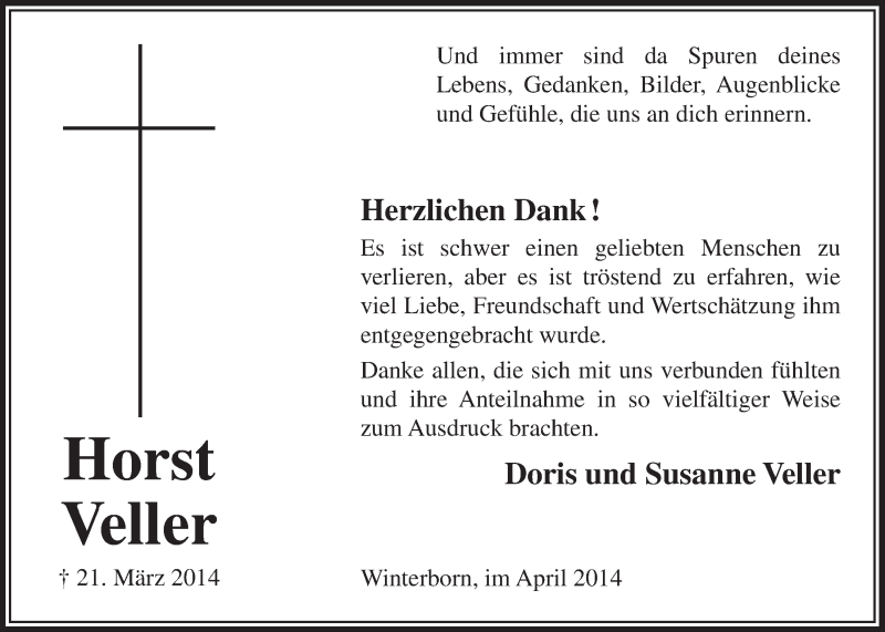  Traueranzeige für Horst Veller vom 30.04.2014 aus  Lokalanzeiger 