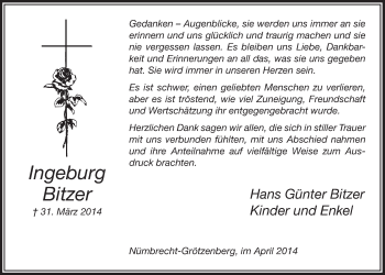 Anzeige von Ingeburg Bitzer von  Lokalanzeiger 