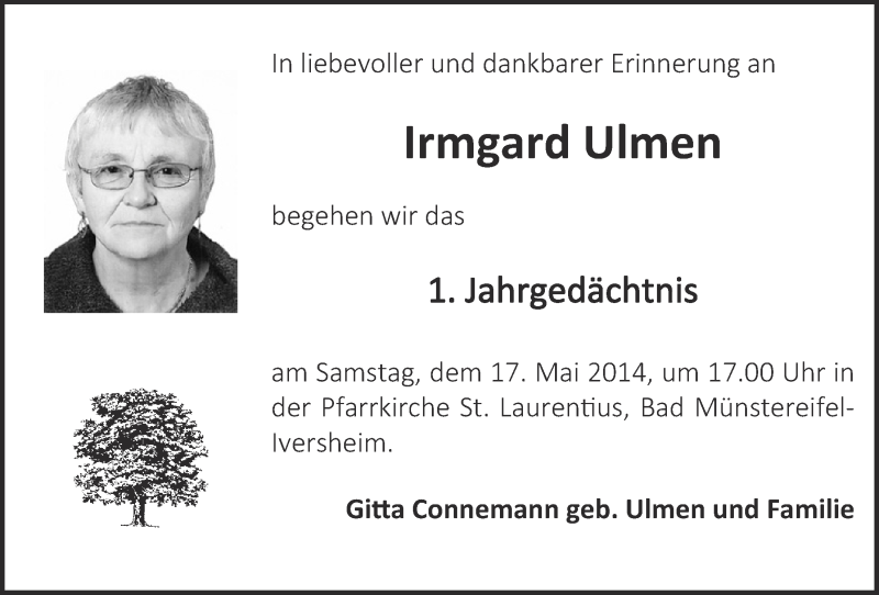  Traueranzeige für Irmgard Ulmen vom 11.05.2014 aus  Blickpunkt Euskirchen 