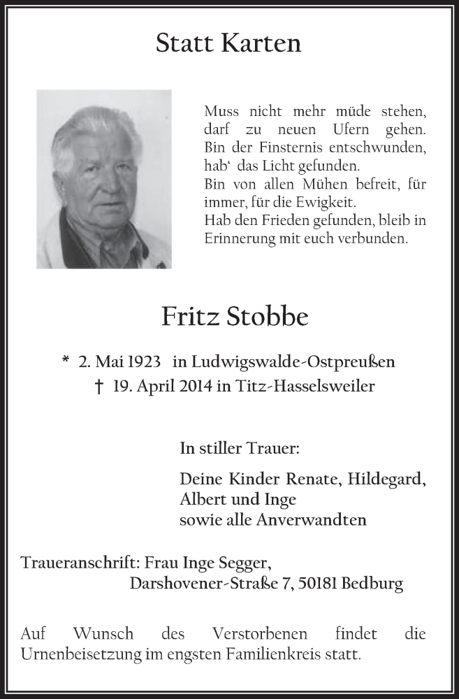  Traueranzeige für Fritz Stobbe vom 30.04.2014 aus  Werbepost 