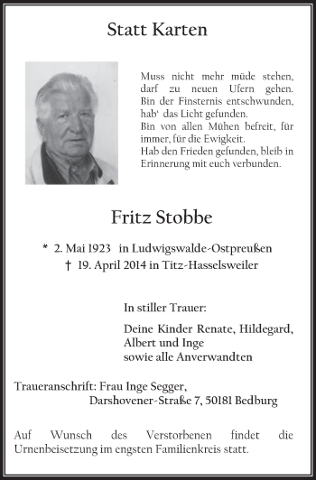 Anzeige von Fritz Stobbe von  Werbepost 