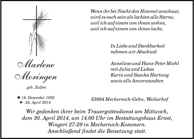  Traueranzeige für Marlene Moringen vom 27.04.2014 aus  Blickpunkt Euskirchen 