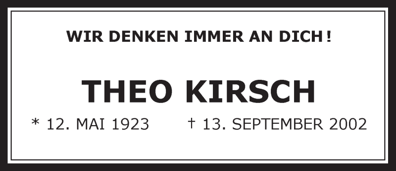  Traueranzeige für Theo Kirsch vom 14.05.2014 aus  Wochenende 