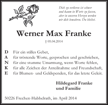 Anzeige von Werner Max Franke von  Wochenende 