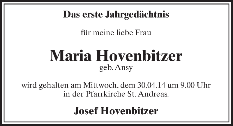  Traueranzeige für Maria Hovenbitzer vom 30.04.2014 aus  Schlossbote/Werbekurier 