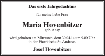 Anzeige von Maria Hovenbitzer von  Schlossbote/Werbekurier 
