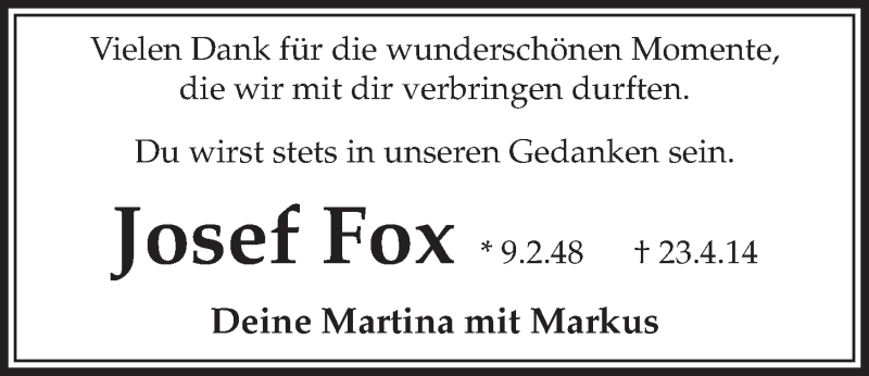  Traueranzeige für Josef Fox vom 30.04.2014 aus  Schlossbote/Werbekurier 