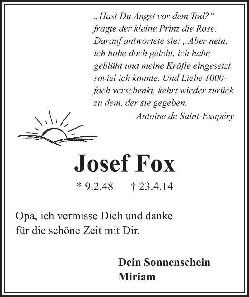  Traueranzeige für Josef Fox vom 30.04.2014 aus  Schlossbote/Werbekurier 