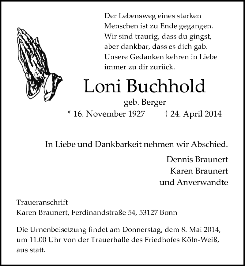  Traueranzeige für Loni Buchhold vom 30.04.2014 aus  Kölner Wochenspiegel 