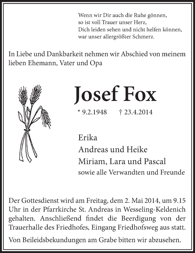  Traueranzeige für Josef Fox vom 30.04.2014 aus  Schlossbote/Werbekurier 