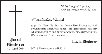 Anzeige von Josef Biederer von  Wochenende 