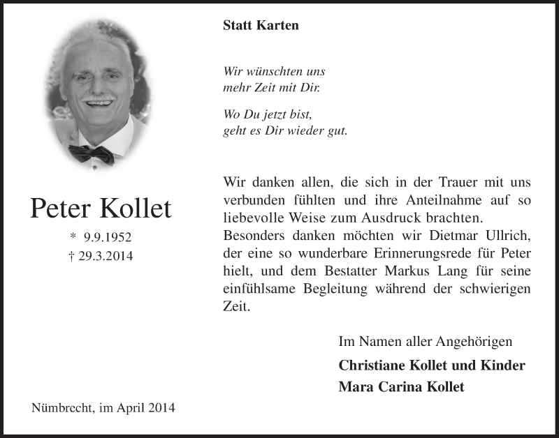  Traueranzeige für Peter Kollet vom 30.04.2014 aus  Lokalanzeiger 