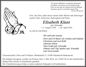 Anzeige von Elissabeth Klant von  Lokalanzeiger 