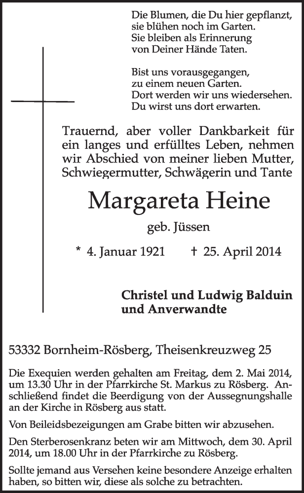  Traueranzeige für Margareta Heine vom 30.04.2014 aus  Schlossbote/Werbekurier 