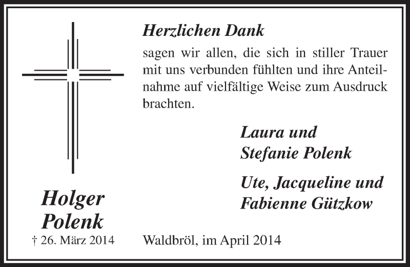  Traueranzeige für Holger Polenk vom 30.04.2014 aus  Lokalanzeiger 