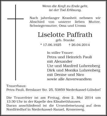 Anzeige von Liselotte Paffrath von  Extra Blatt 