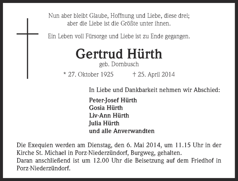  Traueranzeige für Gertrud Hürth vom 30.04.2014 aus  Kölner Wochenspiegel 