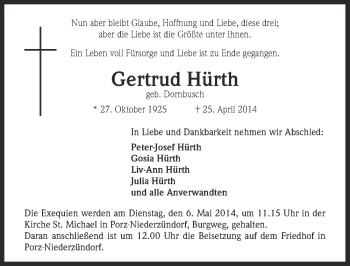 Anzeige von Gertrud Hürth von  Kölner Wochenspiegel 
