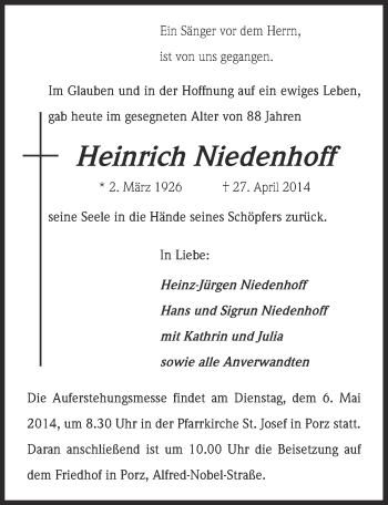 Anzeige von Heinrich Niedenhoff von  Kölner Wochenspiegel 