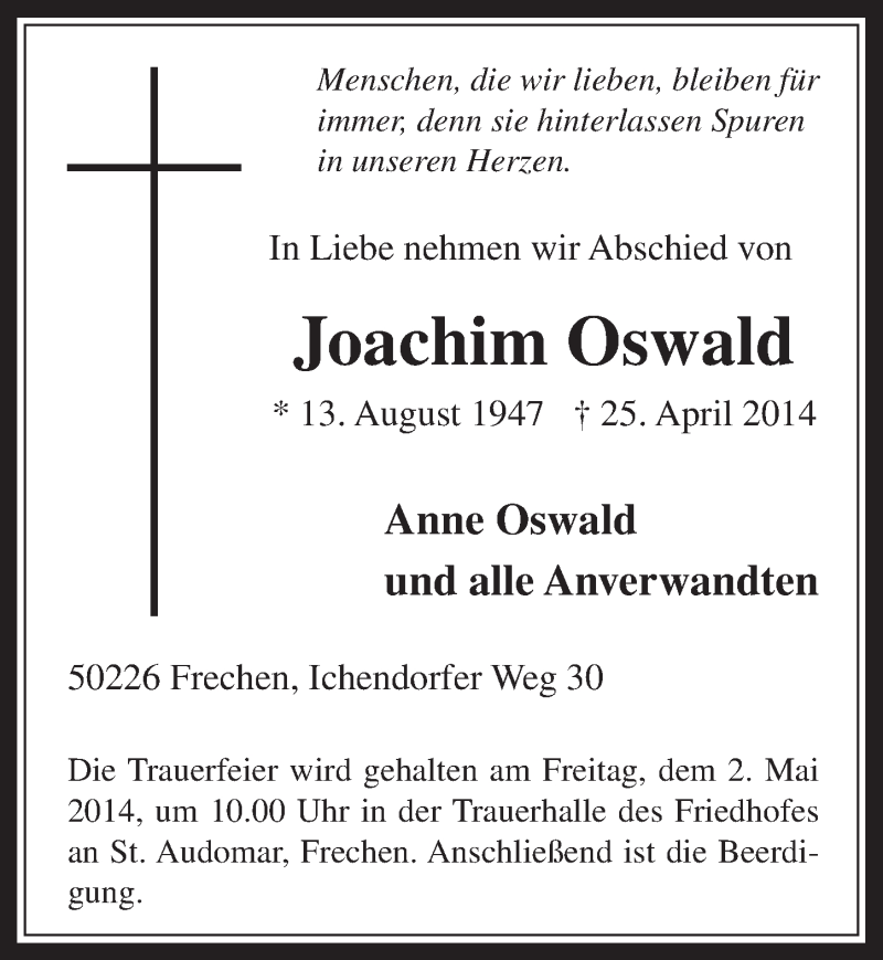  Traueranzeige für Joacheim Oswald vom 30.04.2014 aus  Wochenende 
