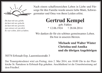 Anzeige von Gertrud Kempel von  Werbepost 