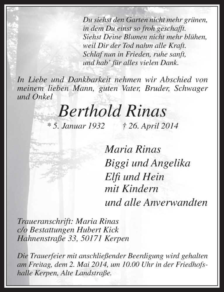  Traueranzeige für Berthold Rinas vom 30.04.2014 aus  Werbepost 
